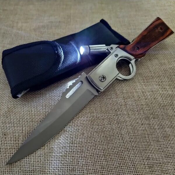 Flashlight With Knife AK47 Military Tactical Folding Blade Camping Survival Knives with Wood Handle and LED Light
