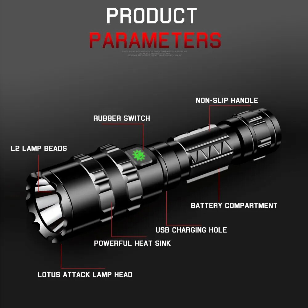 Hiking Light for Professional Hunting Night Reconnaissance - L2 Lamp Beads, Waterproof, Rechargeable Torch
