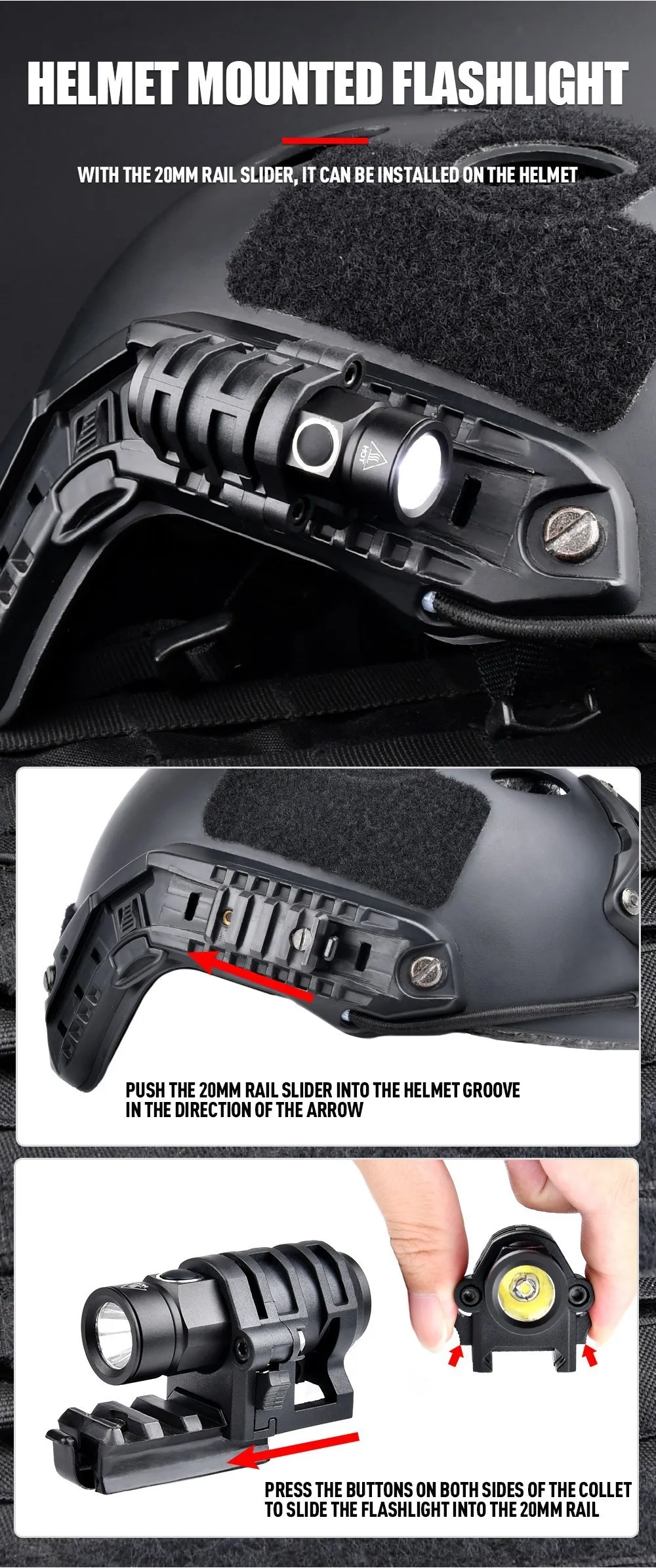 Helmet Flashlight Mini Strobe Scout LED Light with Hat Clamp Holder Mount Picatinny Rail Military Helmet Lamp