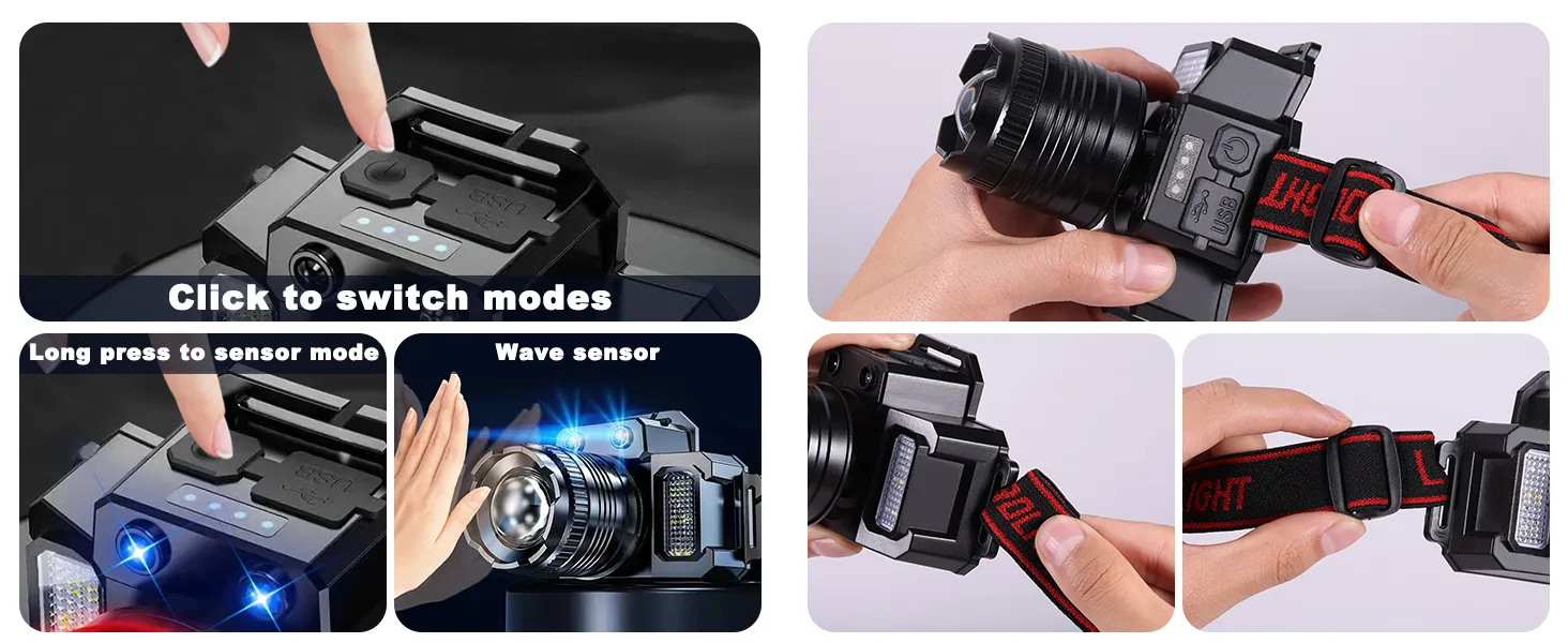 Rechargeable Hiking Light Powerful Bright LED Headlamp with 5 Lighting Modes and Motion Sensor for Camping, Running, and Cycling