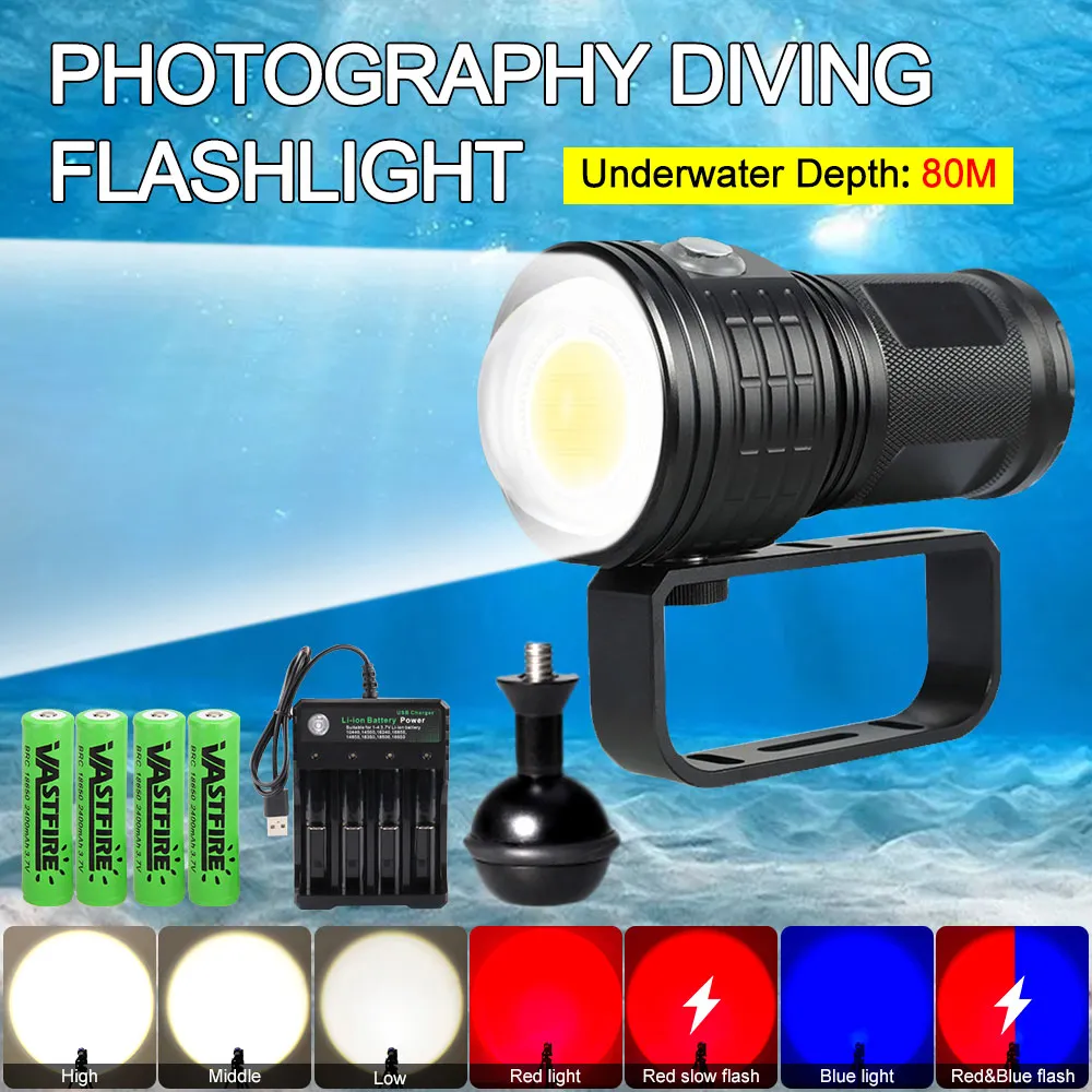 Outdoor Hiking Light 10000 Lumens Waterproof LED Diving Flashlight for Underwater Photography and Video Fill Lights