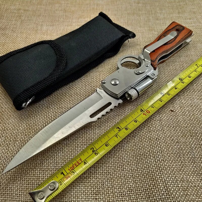 Flashlight With Knife AK47 Military Tactical Folding Blade Camping Survival Knives with Wood Handle and LED Light