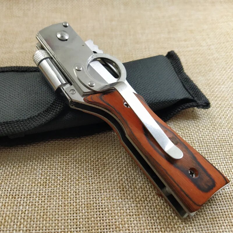 Flashlight With Knife AK47 Military Tactical Folding Blade Camping Survival Knives with Wood Handle and LED Light