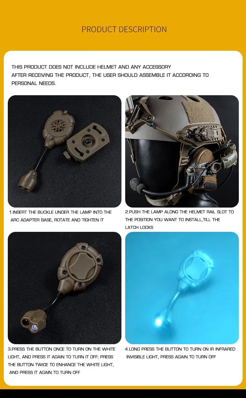 Helmet Flashlight MPLS Tactical Light Switch with 3 Modes and IR Laser for Hunting and Military Use
