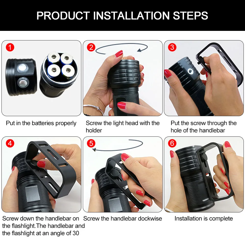Outdoor Hiking Light 10000 Lumens Waterproof LED Diving Flashlight for Underwater Photography and Video Fill Lights