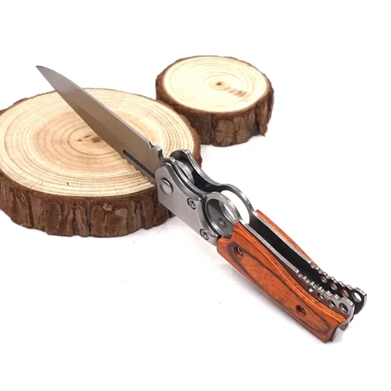 Flashlight With Knife AK47 Military Tactical Folding Blade Camping Survival Knives with Wood Handle and LED Light