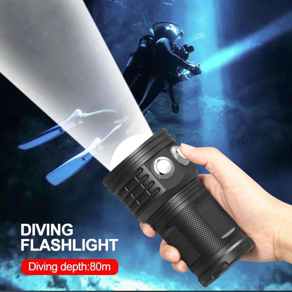 Outdoor Hiking Light 10000 Lumens Waterproof LED Diving Flashlight for Underwater Photography and Video Fill Lights