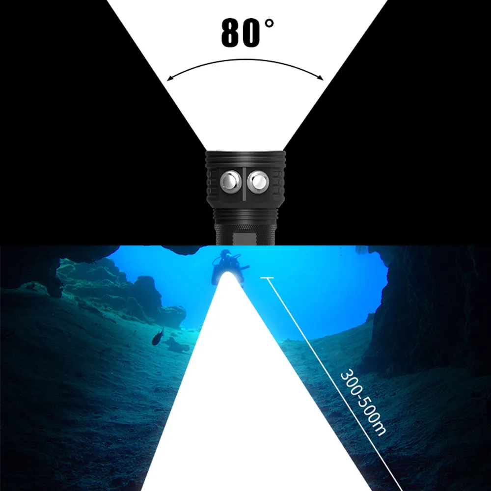 Outdoor Hiking Light 10000 Lumens Waterproof LED Diving Flashlight for Underwater Photography and Video Fill Lights