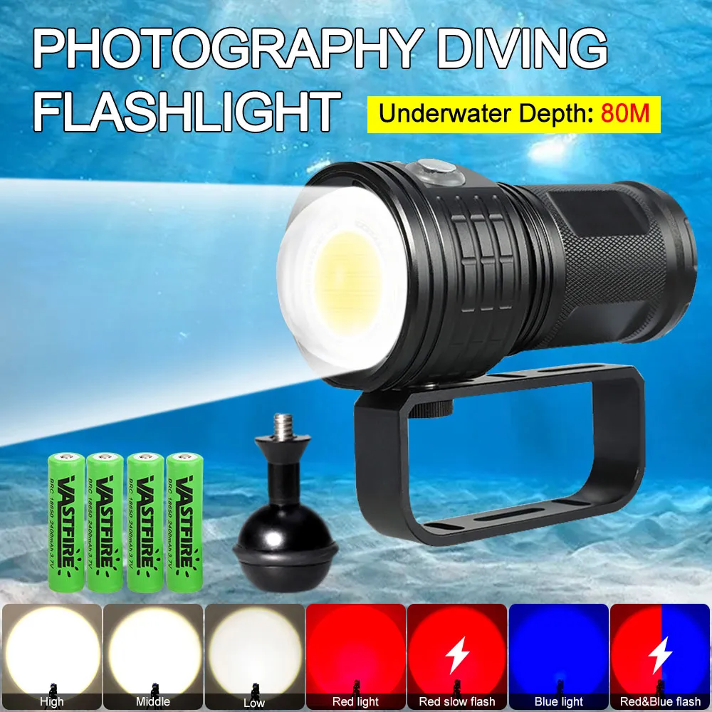Outdoor Hiking Light 10000 Lumens Waterproof LED Diving Flashlight for Underwater Photography and Video Fill Lights