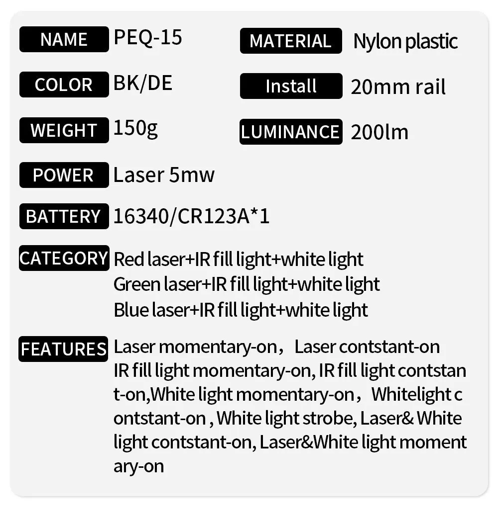 Hunting Flashlight Combo Airsoft PEQ-15 PEQ15 Tactical Red Green Blue Laser IR Fill Light Strobe for 20mm Rail