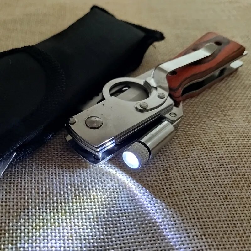 Flashlight With Knife AK47 Military Tactical Folding Blade Camping Survival Knives with Wood Handle and LED Light
