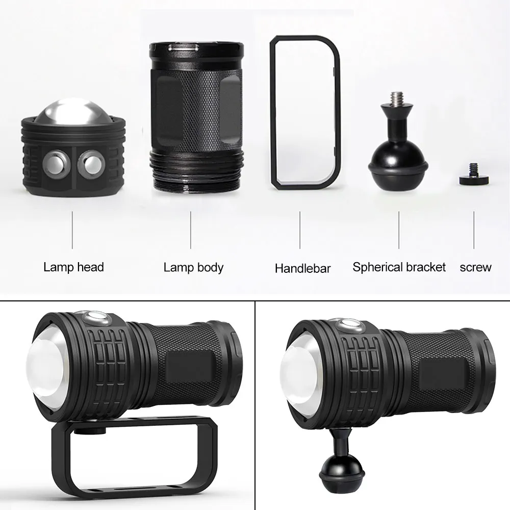 Outdoor Hiking Light 10000 Lumens Waterproof LED Diving Flashlight for Underwater Photography and Video Fill Lights