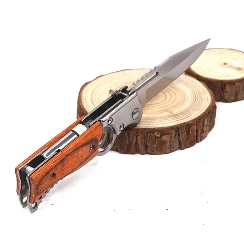 Flashlight With Knife AK47 Military Tactical Folding Blade Camping Survival Knives with Wood Handle and LED Light