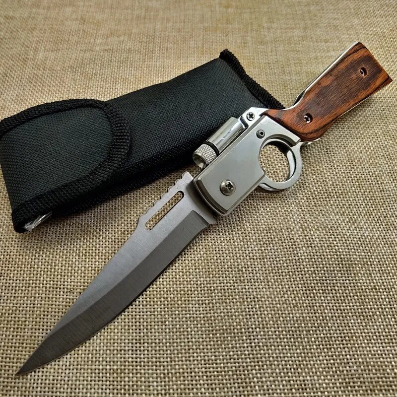 Flashlight With Knife AK47 Military Tactical Folding Blade Camping Survival Knives with Wood Handle and LED Light