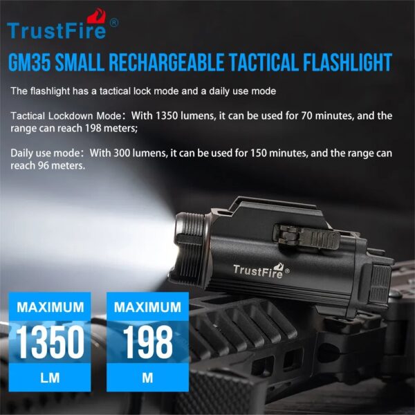 Hunting Flashlight GM35 Tactical LED Mini Pistol Light - 1350 Lumens, USB Rechargeable, Quick Release, for Handguns with 1913/GL Rail - Image 4