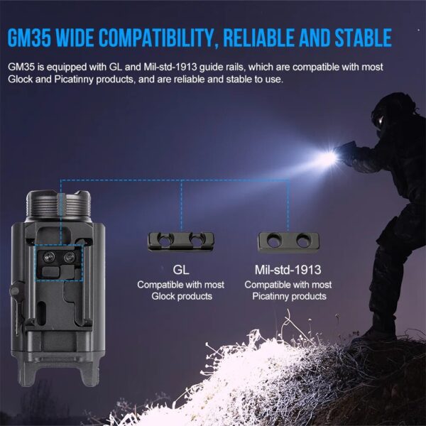 Hunting Flashlight GM35 Tactical LED Mini Pistol Light - 1350 Lumens, USB Rechargeable, Quick Release, for Handguns with 1913/GL Rail - Image 5