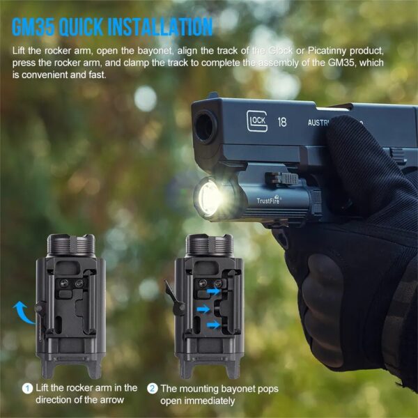 Hunting Flashlight GM35 Tactical LED Mini Pistol Light - 1350 Lumens, USB Rechargeable, Quick Release, for Handguns with 1913/GL Rail