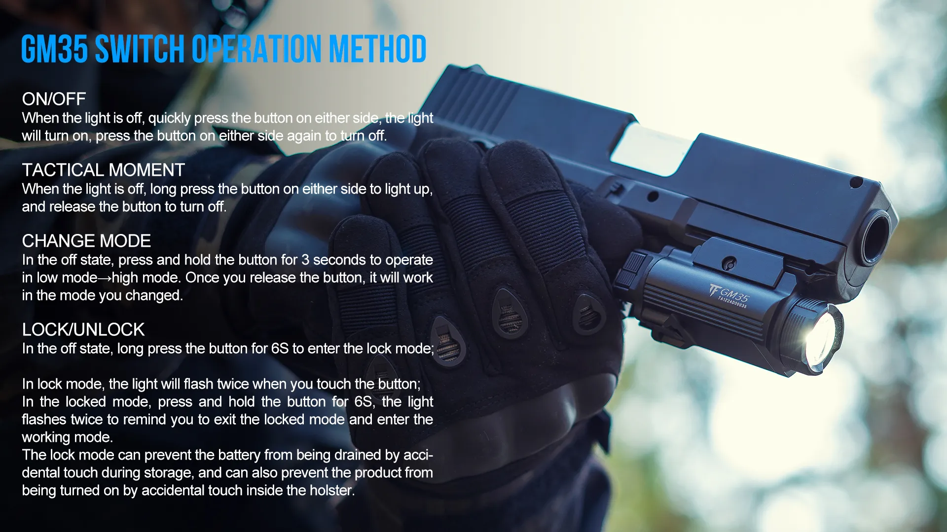 Hunting Flashlight GM35 Tactical LED Mini Pistol Light - 1350 Lumens, USB Rechargeable, Quick Release, for Handguns with 1913/GL Rail