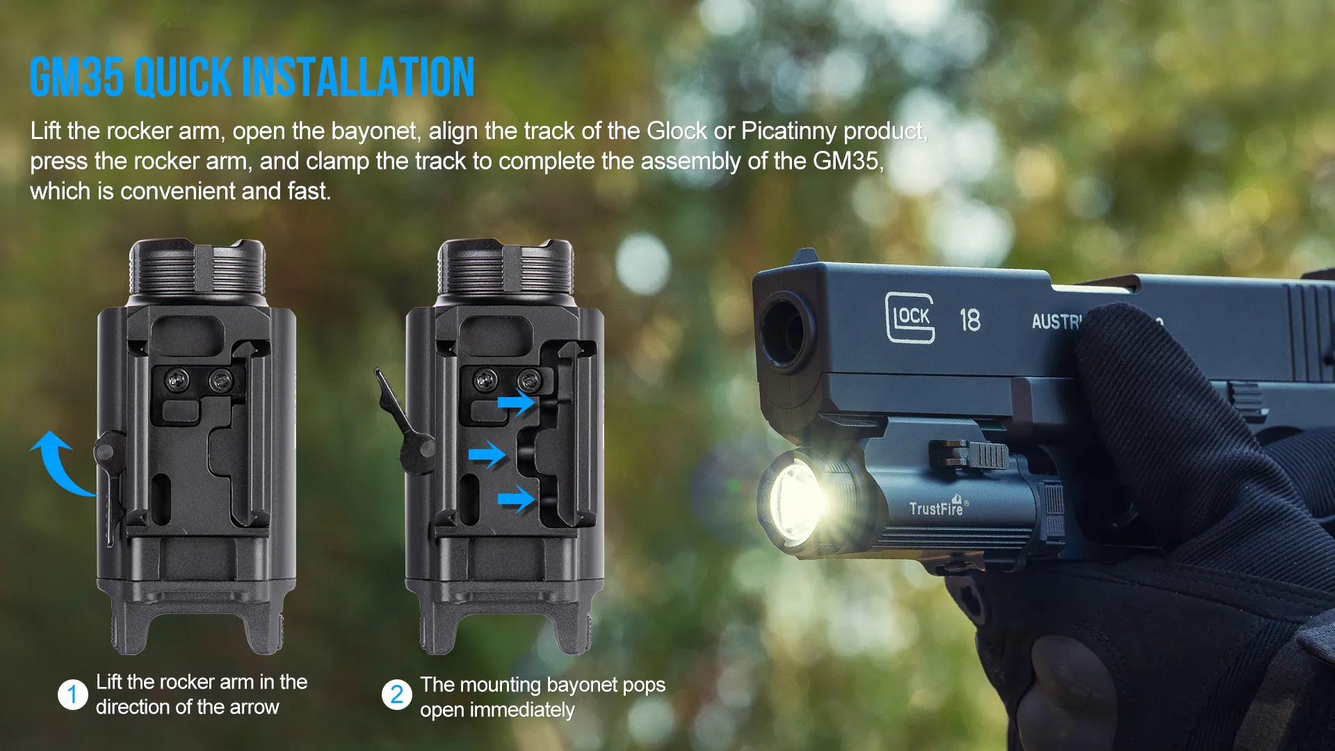 Hunting Flashlight GM35 Tactical LED Mini Pistol Light - 1350 Lumens, USB Rechargeable, Quick Release, for Handguns with 1913/GL Rail